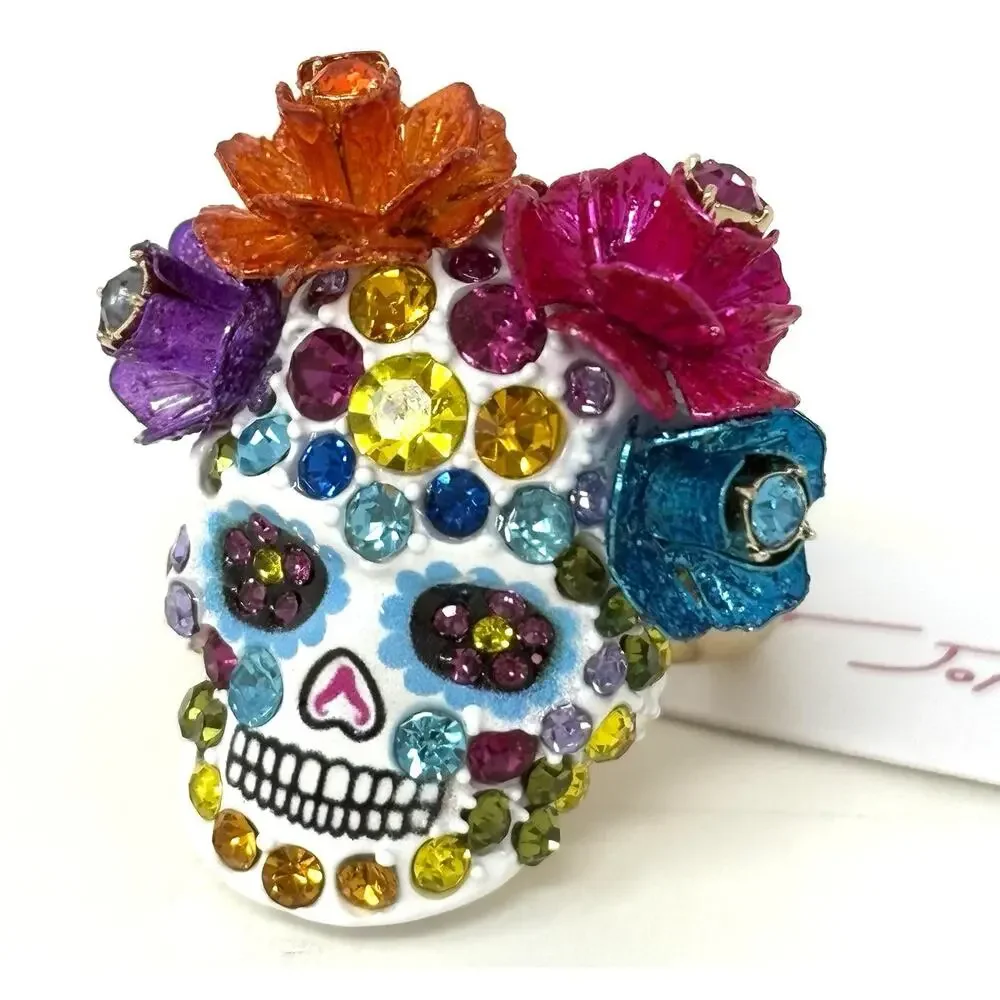 Betsey Johnson Sugar Skull Stretch Ring Day Of The Dead Goth Crystals NO BOX